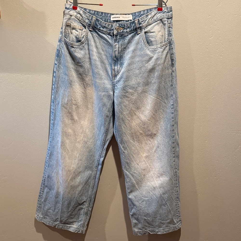 Bershka Wide Leg Light Wash Blue Jeans Denim Pants Relaxed Fit 100% Cotton Jean